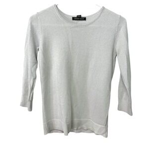 Carolyn Taylor Petite Small Silver‎ Metallic Knit Top 3/4 Sleeve Sparkle Blouse